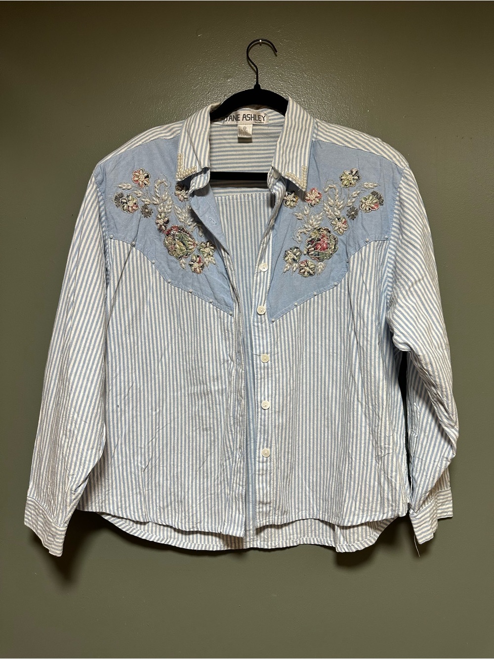 Jane Ashley Blue and White Striped Shirt with Floral Embroidery W Faux Pearls